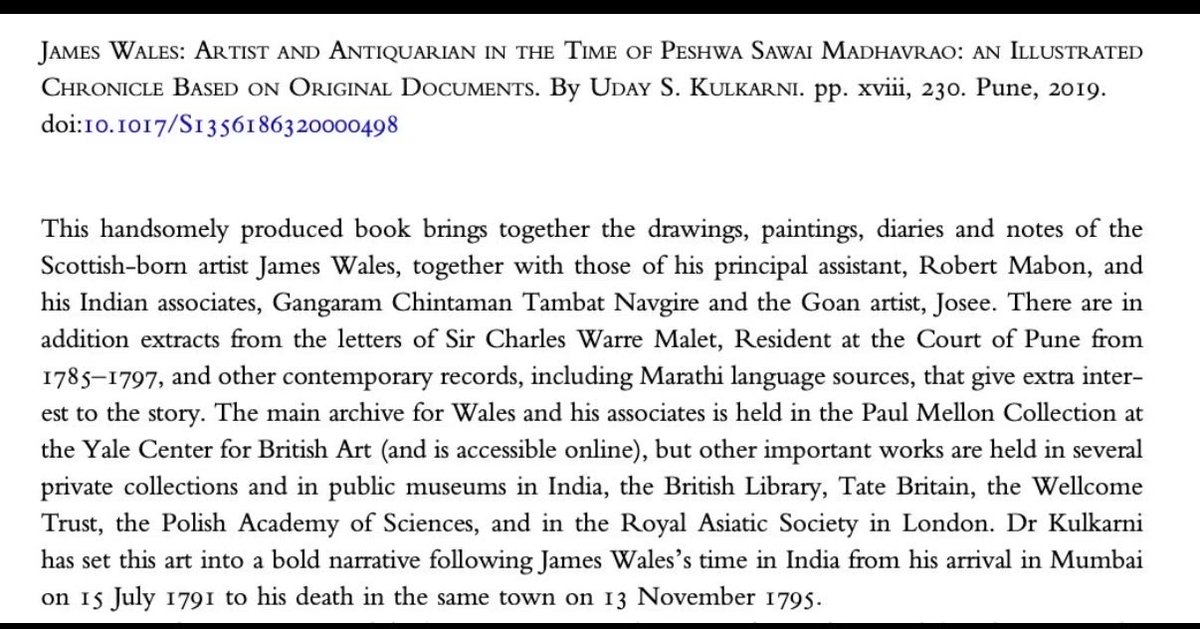 MulaMutha's tweet photo. High praise for 'James Wales – Artist &amp; Antiquarian in the time of Peshwa Sawai Madhavrao' from a senior historian...Prof Gordon Johnson of Cambridge, in the Journal of the Royal Asiatic Society of Great Britain and Ireland.

Excerpts https://t.co/1oDZbJQ4Xd
