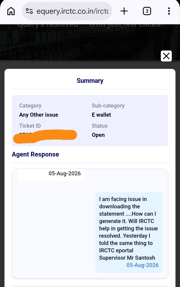 AshishhCaptain's tweet photo. @IRCTCofficial @AshwiniVaishnaw @IRCTCofficial issue अभी भी resolve नहीं हुआ 

पैसे का लेन देन विवरण (STATEMENT) चाहिए,
आपका system की वजह से पता नहीं लग रहा है कि E -wallet पैसा वापस आया कि नहीं 

पाँच दिन हो गए पूछते, लेकिन solution कुछ नहीं

Cc : @AshwiniVaishnaw sir https://t.co/tYtjWcfyYK