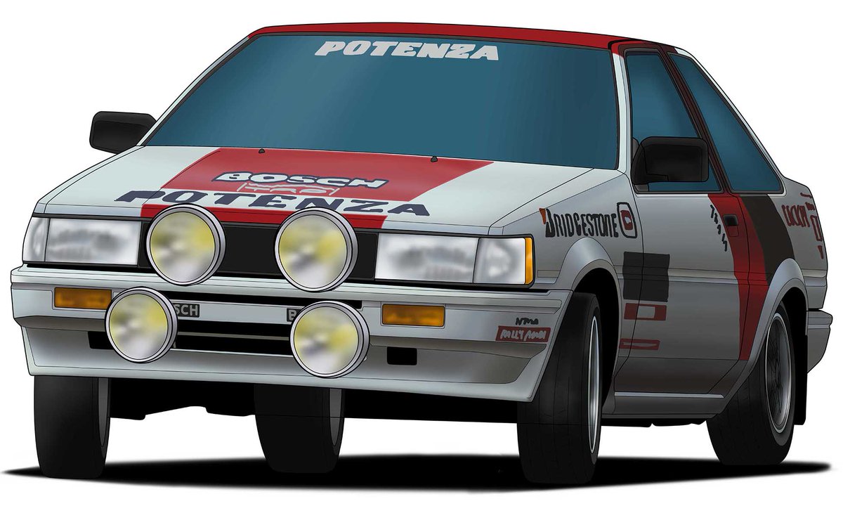 tsuzuki1110's tweet photo. トヨタ カローラ レビン（1983年~1986年）
峠でも人気のAE86は軽量ボディを活かし、リアを滑らすのが容易だったため国内ラリーでも活躍した。しかしターボ勢のパワーには不利で残念ながらシリーズチャンピオンに輝くことはなかった。'86年にレギュレーションの大幅変更があり4WDが主流になっていった。 https://t.co/Tn1kLPz5XU