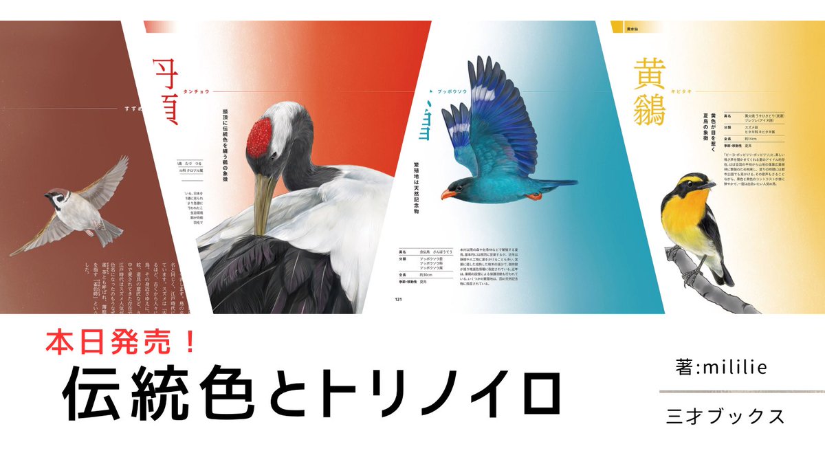 mililie_birds's tweet photo. 本日発売です！
『伝統色とトリノイロ』
三才ブックス

鳥と伝統色を見つめながら、一年かけて大切につくってきました。
39の伝統色と鳥たちを通して、色の背景や日本の自然の見え方を楽しんでいただけたらうれしいです。
たくさんの方に手に取っていただけますように📖🐨 https://t.co/qAe606NzpR