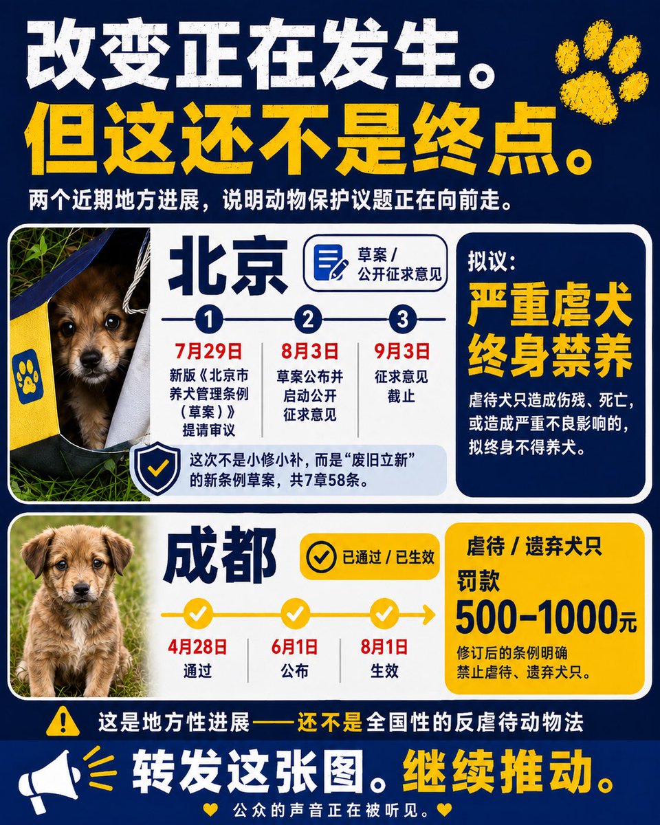 Aincident_watch's tweet photo. Something is moving in China’s animal-protection policy.

Beijing is considering a lifetime dog-ownership ban for the most serious abuse.
Chengdu’s new rules are already in effect, with fines for abuse or abandonment.

These are local changes — not a national anti-cruelty law. Not yet.

But one question matters now:

Are we watching isolated local reforms… or the beginning of something bigger?

Share this. Keep pushing. 🐾