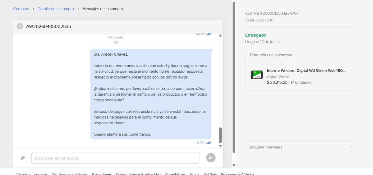 ivanherbar's tweet photo. ¿De qué sirve la Compra Protegida de Mercado Libre si terminan vendiendo productos con indicios de piratería? Perdí $20,215.55 por 17 SSD. El vendedor desapareció y sigo sin solución. ¿Quién protege al consumidor? @Profeco @FGRMexico @ML_Mexico  @SanDiskSupport @IMPI_Mexico https://t.co/TQmce1gVGf