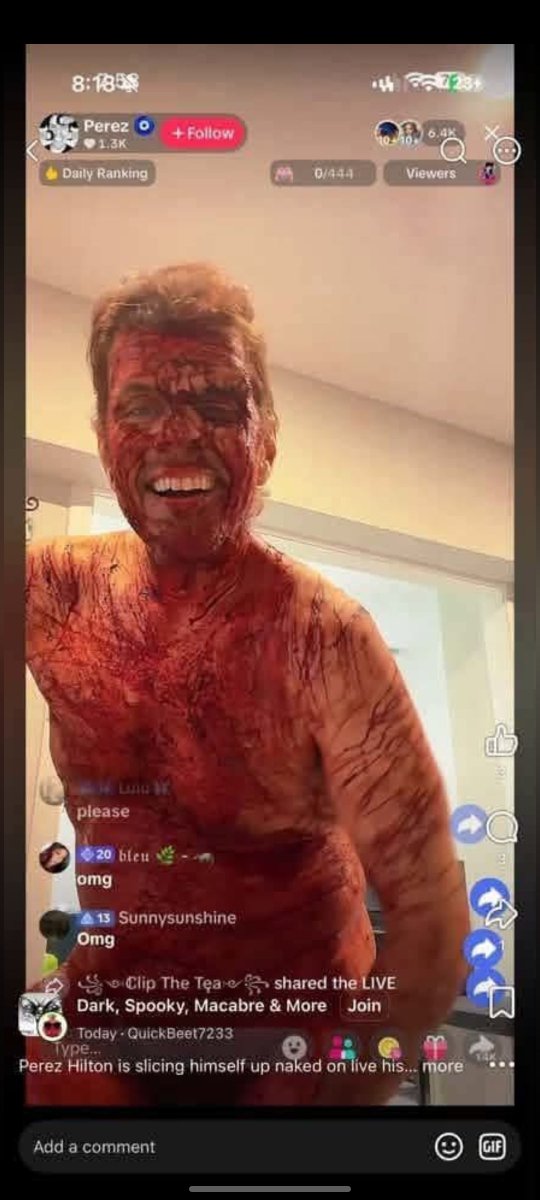 HollySu65537916's tweet photo. Perez Hilton just slashed the shitttt outta himself live on TikTok 😳 I seen a small clip.... looks to be just lots of superficial wounds, lots of bl00d though. He was naked too. 

I think it's safe to say they got Perez. https://t.co/USV1V162Xv