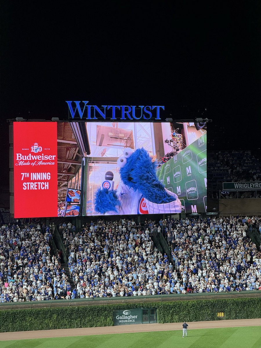 MegMontemurro's tweet photo. Forget Tarik Skubal’s Dodgers debut, the biggest moment tonight at Wrigley is obviously the Cookie Monster singing the 7th inning stretch https://t.co/SbUZoPpQew