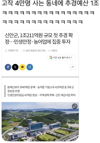 gyeon_baeg's tweet photo. 인구수 4만명인 신안군에 추경 예산 1조 ㅋㅋㅋ 

해외여행에 쓰이고 있음 ..ㅋㅋㅋㅋㅋㅋㅋㅋㅋㅋㅋ https://t.co/thTfmM6FCf