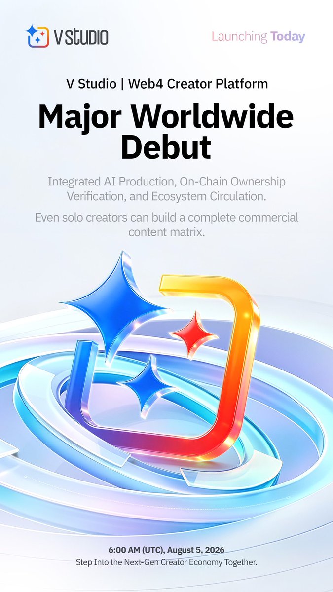 VcityBlockchain's tweet photo. LIVE NOW
V Studio — the all-in-one Web4 creator platform — officially launches worldwide!
AI-powered content generation, on-chain ownership verification, and ecosystem-wide asset circulation, all in one.
Join the next-generation creator economy!
#Vcity #Vstudio #AI #Agent https://t.co/3hOzH2nwKz