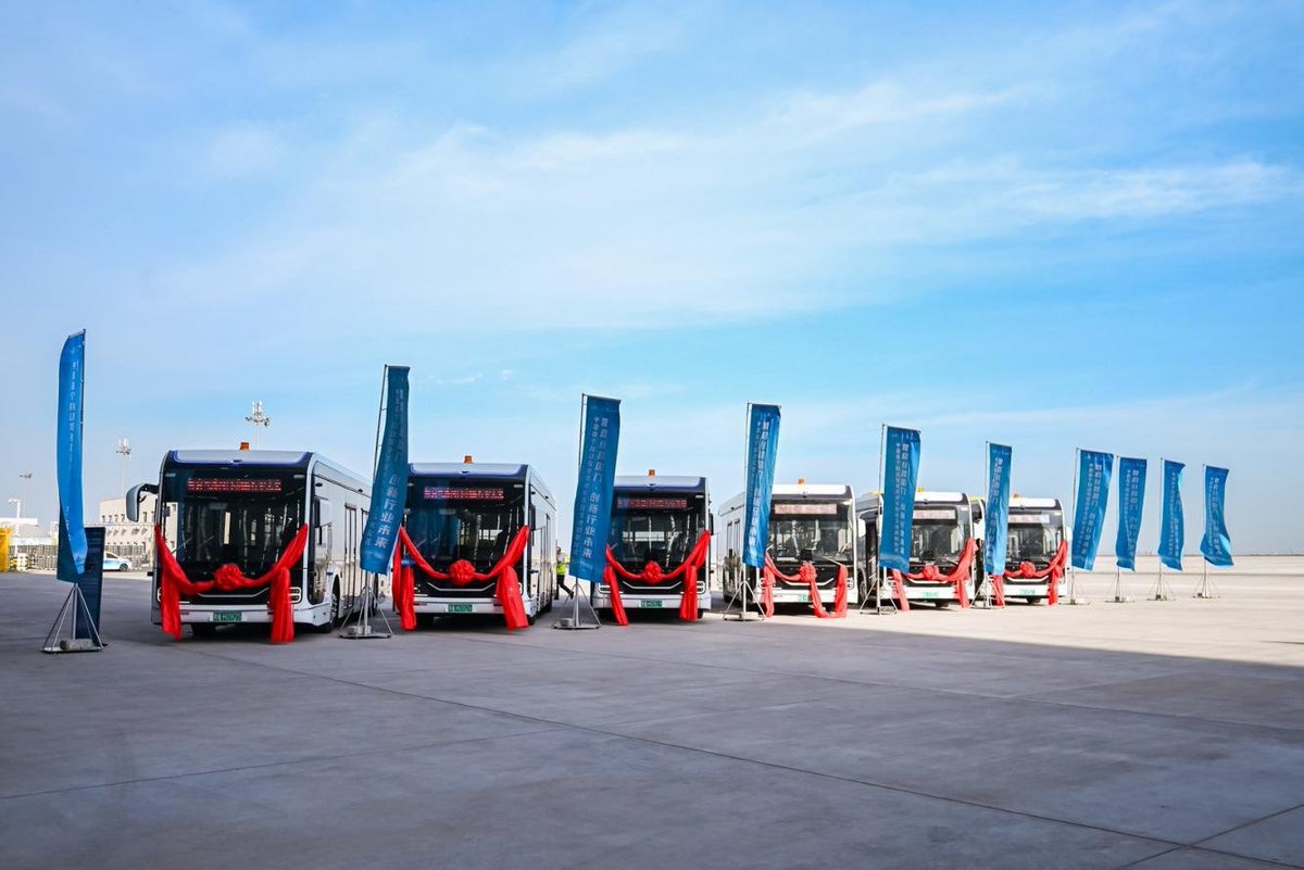 PDChina's tweet photo. No driver? No problem.   

At northwest China's Urumqi Tianshan International Airport, self-driving shuttle vehicles are now transporting passengers and supporting apron operations with no human behind the wheel. The vehicles can cruise, avoid obstacles and dock automatically—even in extreme weather. With more than 100 autonomous vehicles and smart devices already in use, the airport is taking a big step toward a smarter, more efficient future.