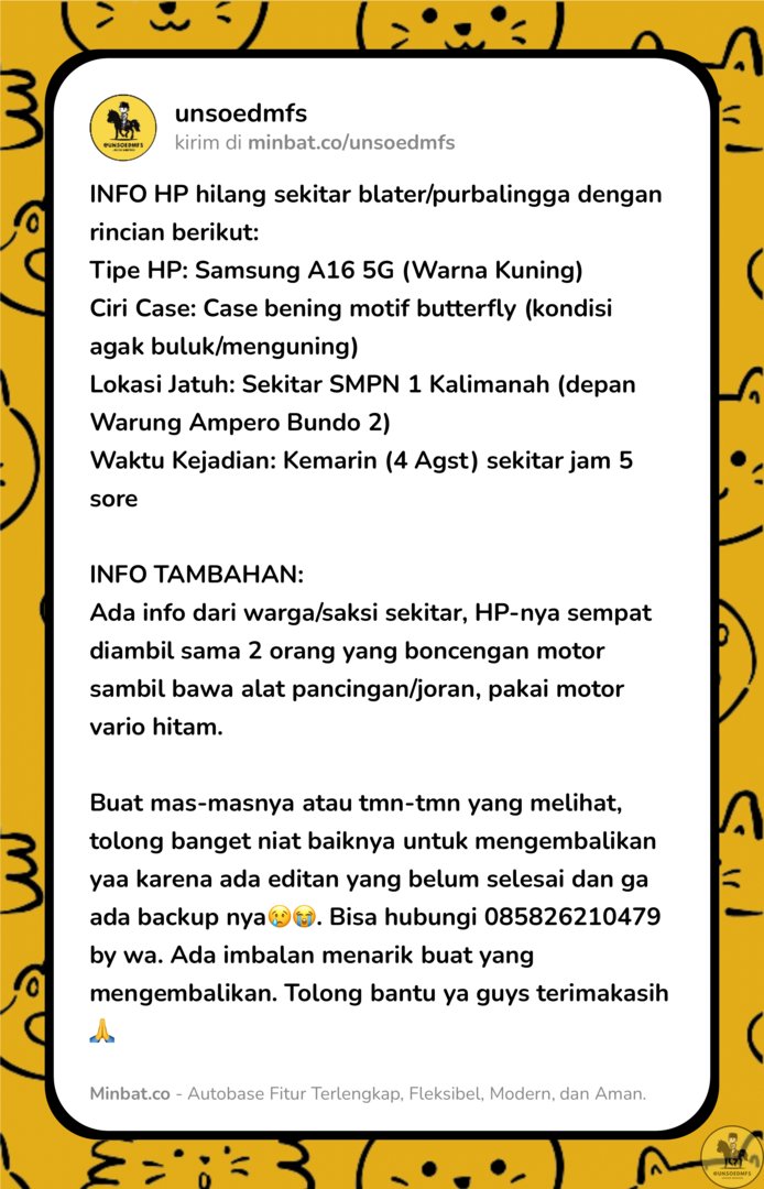 unsoedmfs's tweet photo. jends! info HP ilang sekitar blater/pbg!! tolongg banget kalo ada yg nemuin bisa hubungi nomor tersebut dan akan ada imbalannya!! https://t.co/TfYh05dQaJ