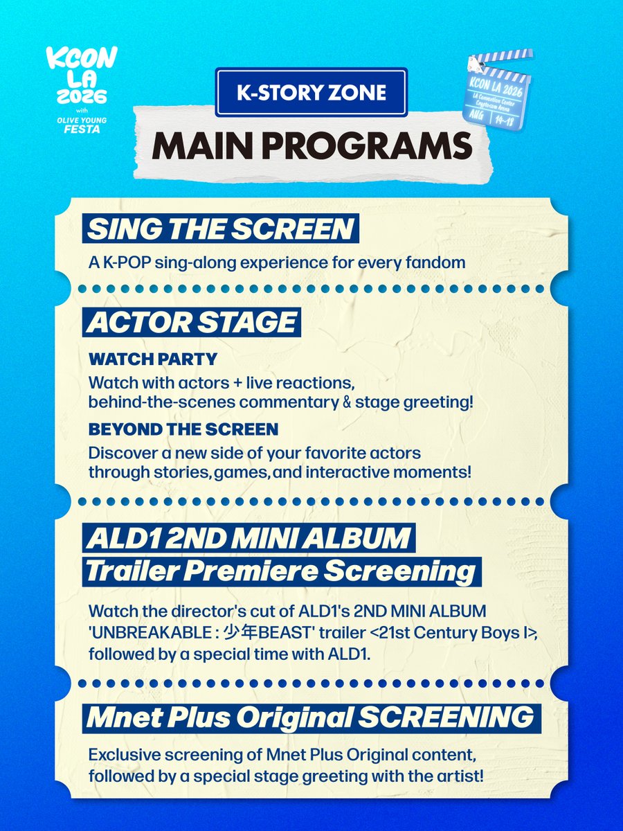 kconusa's tweet photo. [#KCONLA2026] K-STORY ZONE MAIN PROGRAMS GUIDE &amp; TIMETABLE

Explore all the exciting programs at the K-STORY ZONE — only at KCON! 🍿
Check the timetable now and see you there!

-
KCON LA 2026
AUG 14-16
https://t.co/Tc1cN9ymrD Arena, LA Convention Center

Let’s #KCON https://t.co/6541Qqyxtn