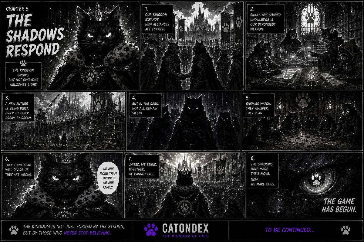 Noir45169's tweet photo. CHAPTER 5 — THE SHADOWS RESPOND
Every Kingdom attracts allies...
And enemies.
The first battle has begun.
👑 Will the Kingdom stand?
🐾 $CATONDEX
#CATONDEX #Solana #PumpFun #memecoin https://t.co/LLiy05aPKe