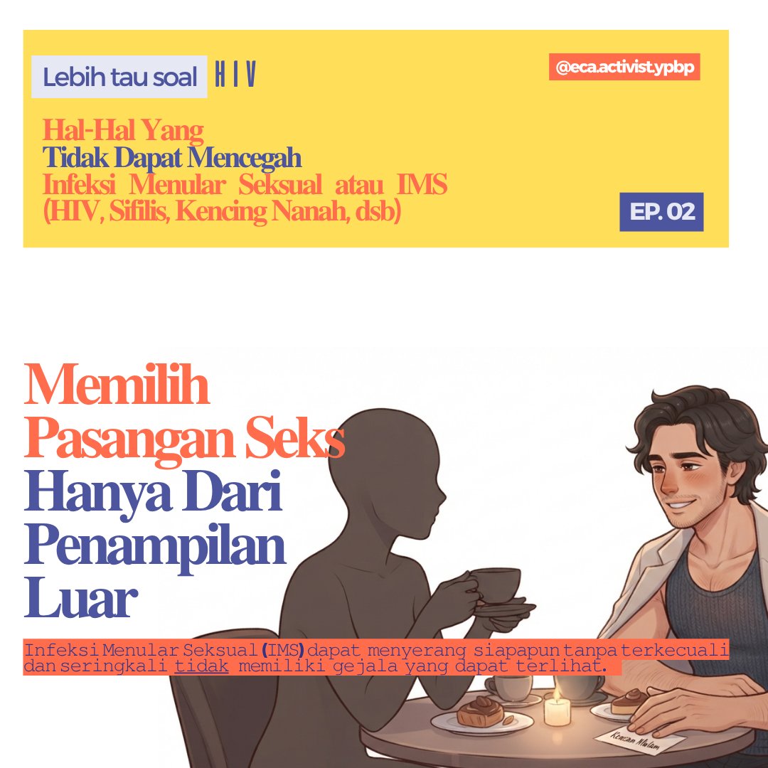 eca_vct_bogor's tweet photo. Lebih Tau Soal HIV: EP.02
Hal-Hal Yang Tidak Dapat Mencegah Infeksi Menular Seksual atau IMS (HIV, Sifilis, Kencing Nanah, dsb) ✨

(2/6)
#HIV #IMS
#Edukasi #YPBP #Bogor
#Sifilis #Klamidia #Herpes 
#Gonore #DoxyPep
#gaybogor #fwbbogor https://t.co/uX5nt96fbX