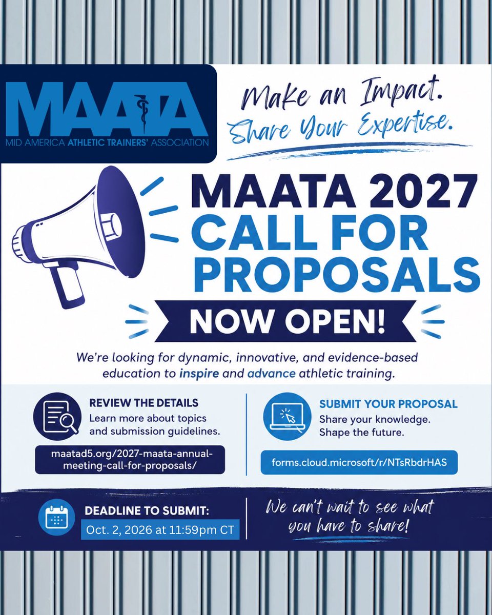 MAATAD5's tweet photo. 📣 MAATA 2027 Call for Proposals is OPEN!

Have a topic, idea, or expertise you’re ready to share with your athletic training colleagues? Now’s your chance! 🎤

👉 Review the Call for Proposals:
https://t.co/1Noj1LHMwM

📝 Submit your proposal:
https://t.co/fKLs9qBTJT https://t.co/1ZhseoZIdI
