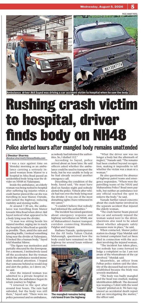 DiwakarSharmaa's tweet photo. #RoadSafety: It was a desperate race against time when an ambulance was rushing with a severely injured patient from #Manor to #MiraRoad when the driver saw a badly MANGLED human body lying UNATTENDED for many hours at #NH48. No FIR!

#HumanRights #NHAI #MBVV #Palghar https://t.co/VC3rmYBQn0