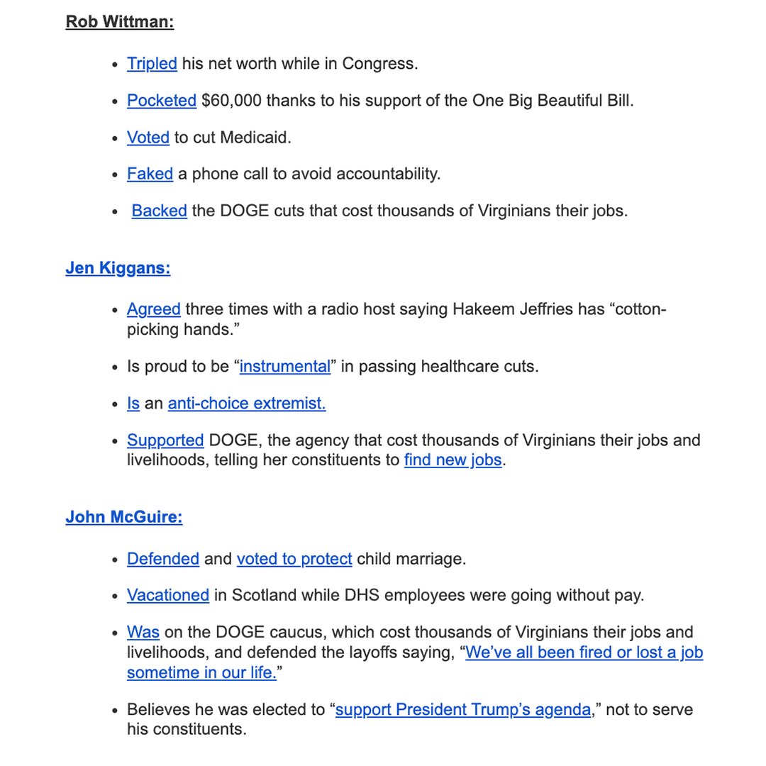American_Bridge's tweet photo. Rob Wittman (#VA01), Jen Kiggans (#VA02) and John McGuire (#VA05) are failures to their constituents, embarrassments to the Commonwealth, and far, far from moderates.
They supported efforts that cost Virginians their jobs, we hope they’re ready to lose theirs in November. https://t.co/zYYc1mut1P