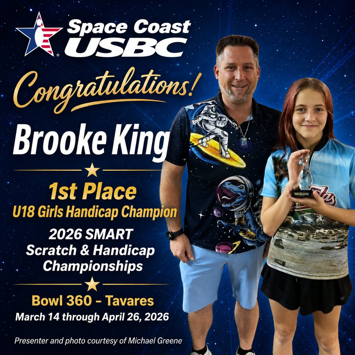 scusbcba's tweet photo. Congratulations!

Brooke King receives her Award.
1st Place U18 Girls Handicap Champion
(1595)

2026 SMART Scratch &amp; Handicap Championships
Bowl 360 - Tavares
March 14 through April 26, 2026

Presenter and photo courtesy of Michael Greene. https://t.co/n7qdJLBwW3