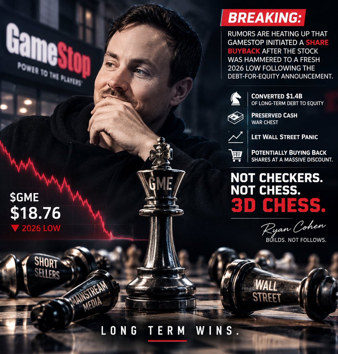 MorgenHatton's tweet photo. 🚨 BREAKING *UNCONFIRMED*

Rumors are circulating that @GameStop may have activated its $2 BILLION share buyback after $GME was hammered to a fresh 2026 low following the company’s $1.4 billion debt-for-equity announcement.

Think about the sequence:

Convert $1.4 billion of long-term debt into equity.

Preserve the cash war chest.

Let Wall Street panic over dilution.

Watch shorts attack the drop.

Then potentially buy the stock back at a massive discount.

Debt reduced. Cash untouched. Shares repurchased cheaper. Shorts used as exit liquidity.

That isn’t checkers.

That isn’t chess.

That’s @RyanCohen flipping the entire fucking board while Wall Street is still arguing over whose turn it is.

If this rumor is confirmed, it may be one of the coldest capital-allocation moves we’ve seen from @GameStop yet.

Fucking 3D chess.

$GME 🎮🔥