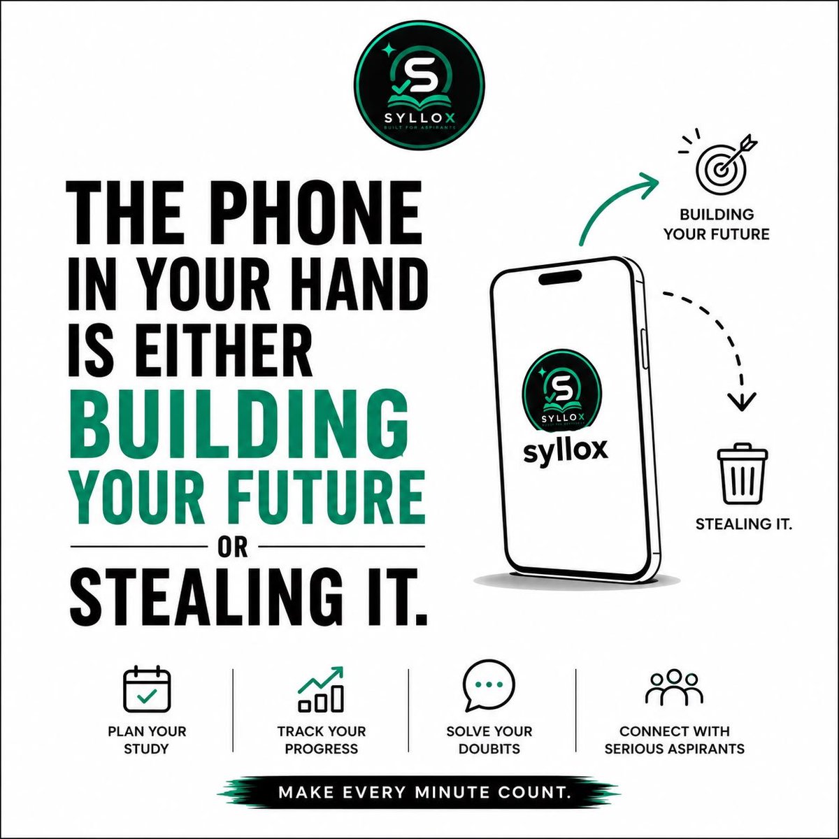 Sylloxin's tweet photo. Your phone is either building your future or stealing it.

The difference isn't the phone—it's how you use it.

Study. Track. Improve. Repeat.

Build your future, one unlock at a time. 📱💙

#Syllox #NEET #JEE #StudySmart #Productivity https://t.co/tCsaHSINrJ