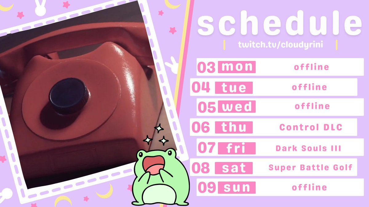cloudyrini's tweet photo. Thursday Control DLC 7:00 AM
Friday Dark Souls III 10:00 AM EDT
Saturday Super Battle Golf 9:00 AM EDT

#streamschedule #twitchschedule #twitch
🐸 #cloudyrini
See you #intheclouds 💖 https://t.co/T7c0asOcGy