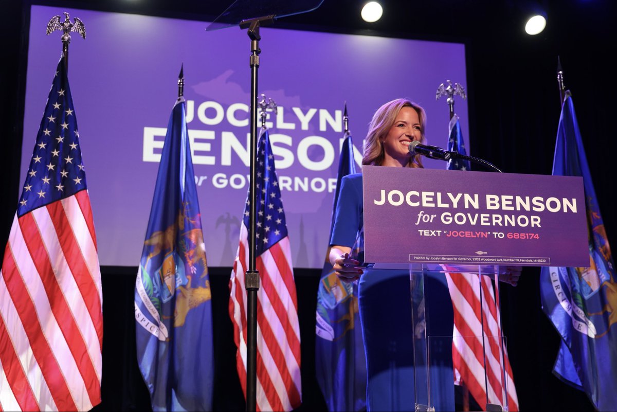 JocelynBenson's tweet photo. Thank you, MICHIGAN!

I'm so proud to be your Democratic nominee for Governor of Michigan. I'm ready to fight for your future — costs down, wages up, rights protected, and a government that works for all of us. https://t.co/0ZV7WMYVSS