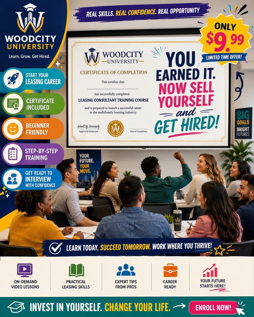 WoodCity78's tweet photo. 🎓 You Earned It- Take the Leasing Consultant Course. No Test Required. Watch, Listen & Learn. Print Your Certificate.
$9.99 Course Link:
🌐 https://t.co/0PWRiVF5JQ
Follow: https://t.co/ZffHAUYvFq
#LeasingConsultant
#GetHired
#WoodCityUniversity
#CareerGrowth
#PropertyManage https://t.co/89UDrQBTR2