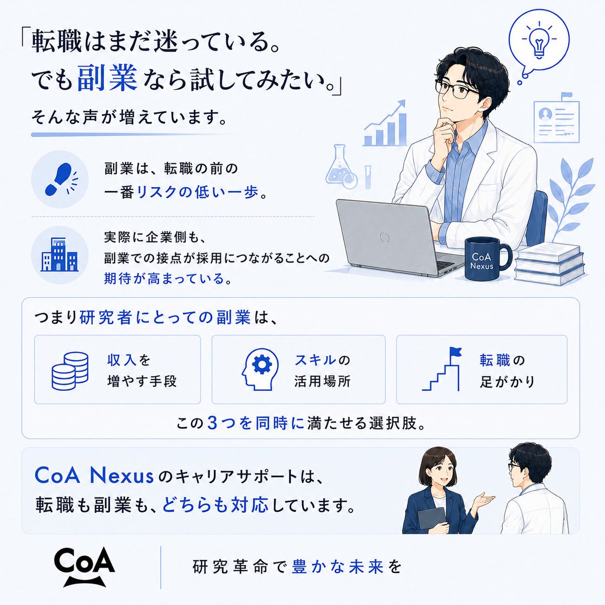 CoANexus's tweet photo. 「転職はまだ迷っている。
でも副業なら試してみたい。」

そんな声が増えています。

副業は、転職の前の
一番リスクの低い一歩。

実際に企業側も、
副業での接点が採用につながることへの
期待が高まっている。

つまり研究者にとっての副業は、
・収入を増やす手段
・スキルの活用場所
・転職の足がかり

この3つを同時に満たせる選択肢。

CoA Nexusのキャリアサポートは、
転職も副業も、どちらも対応しています。

#研究者副業 #研究者転職 #CoAResearcher