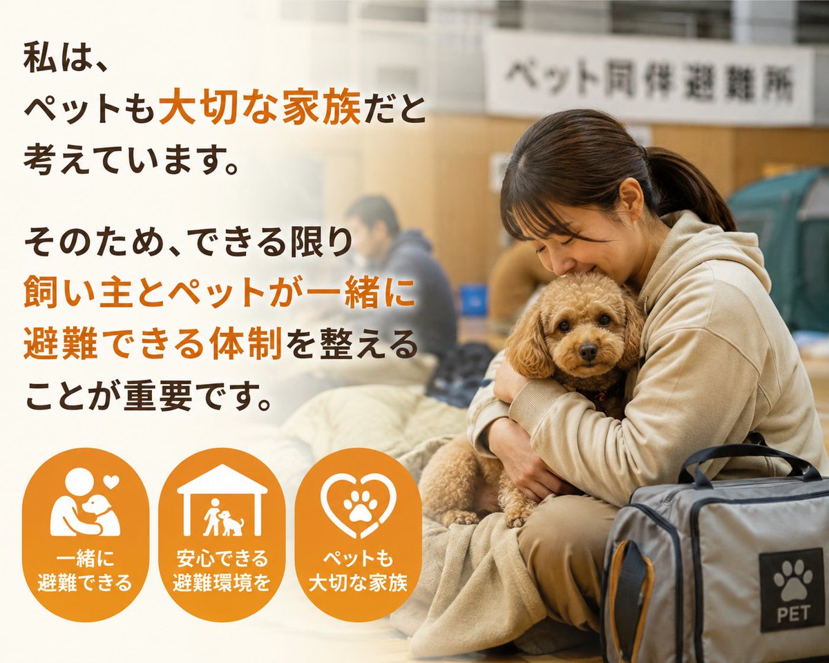hoppy5856's tweet photo. 【熊本地震から見えた、ペット同伴避難の課題】

災害時、守る命は人だけではありません。

今回の熊本地震では、熊本市が水前寺競技場と市の協定先である九州動物学院にペット同伴避難所を開設しました。

九州動物学院では40世帯67人と55頭のペットを受け入れましたが、教育機関であることから、授業再開に合わせて閉所しました。

この取組は、行政と専門施設が平時から連携していたからこそ実現した一方で、ペットと過ごせる避難先は限られ、車中泊や在宅避難を続ける世帯も少なくありませんでした。

私は、ペットも大切な家族だと考えています。

そのため、できる限り飼い主とペットが一緒に避難できる体制を整えることが重要です。

一方で、動物が苦手な方やアレルギーのある方への配慮も欠かせません。

そのため、同室避難だけでなく、別室や専用スペースの確保など、それぞれが安心して避難生活を送れる環境を整えることが重要です。

中野区でも今年東京愛犬専門学校と災害協定を締結しています。

私は、この協定を締結して終わりにするのではなく、開設手順や運営体制、役割分担まで具体的に確認し、災害時に本当に機能する仕組みへと発展させていきます。

人も、そして大切な家族であるペットも安心して避難できる中野区の実現に向け、熊本で得られた教訓を生かし、災害時に本当に機能する避難体制の構築に取り組んでまいります。