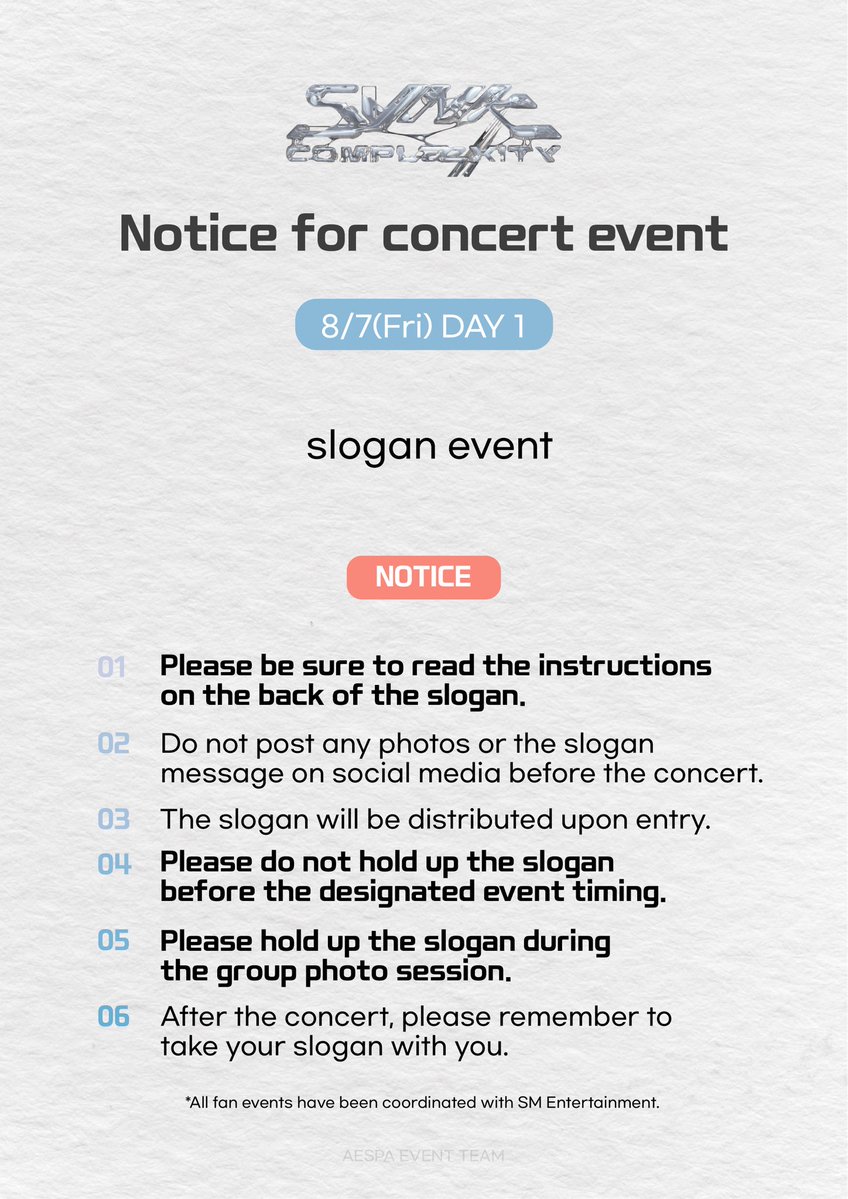 aespaevent's tweet photo. 📢NOTICE FOR 𝗖𝗢𝗠𝗣𝗟𝗮𝗲𝗫𝗜𝗧𝗬 𝗘𝗩𝗘𝗡𝗧‼️

DAY 1 | 8/7(Fri) : Slogan event
DAY 2 | 8/8(Sat) : Flashlight &amp; Sing-along event

Please refer to the image below, and we hope many of you will participate! https://t.co/xk0NS8x4dX