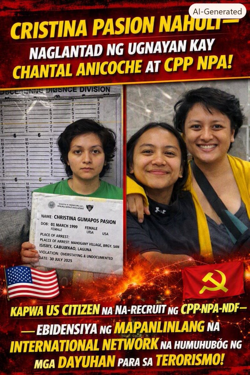 KasamaLRTrueClr's tweet photo. Walang ligtas sa batas!
Ang kaso nina Christina Pasion at Chantal Anicoche ay patunay ng rekrutment ng CPP-NPA-NDF at ng mapanlinlang na “international network” para sa terorismo.
#SecureTheNation
#NotoCPP-NPA-NDF https://t.co/OhY7hrnAlX