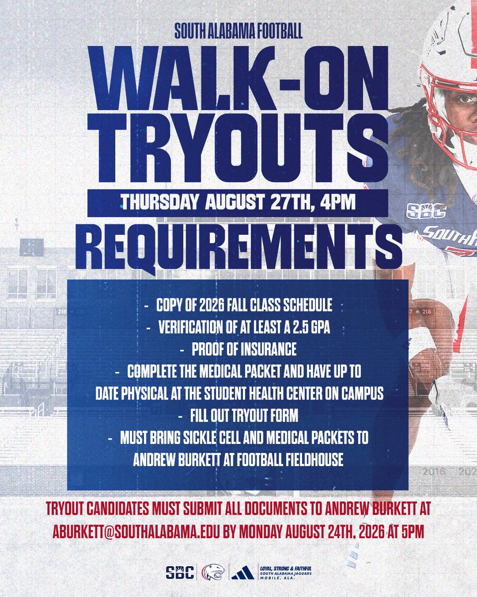 SouthAlabamaFB's tweet photo. 2026 Walk-On Tryouts 🏈

#LSF https://t.co/lSZdQOrxaM