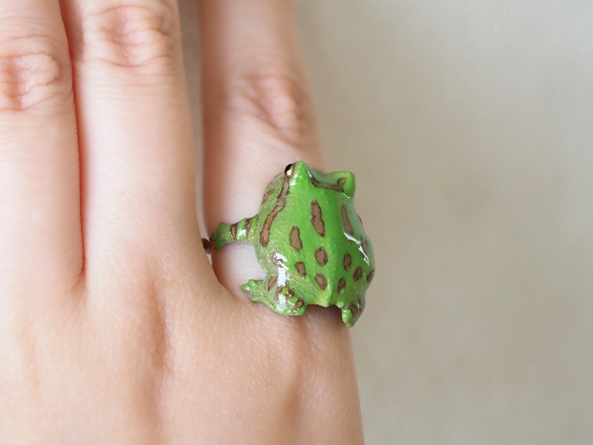 ninaendlesseive's tweet photo. 前回すぐに売り切れてしまった
ベルツノガエルのリングを
またつくりました！！🐸✨

むっちり、むっちり。

次回のweb販売は
【8/14(金)12:00〜】を予定してます！ https://t.co/JSn5A6E56x