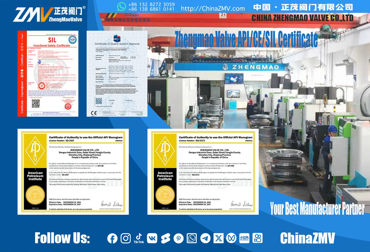 ChinaZMVGroup's tweet photo. ZMV Valve Certificate 正茂阀门资质与认证 #ZMV #ChinaZMV #API #NACE #CE #正茂阀门 #低温阀门 #EPC #LNG #GNL #ASME #ATEX #SIL #JIS #GOST #chemical #shipbuilding #mining #cryogentic #valve #valvulas #vannes #клапан #ballvalve #controlvalve #gatevalve #找不到找正茂 #阀门小知识 https://t.co/pX23uGrUcF