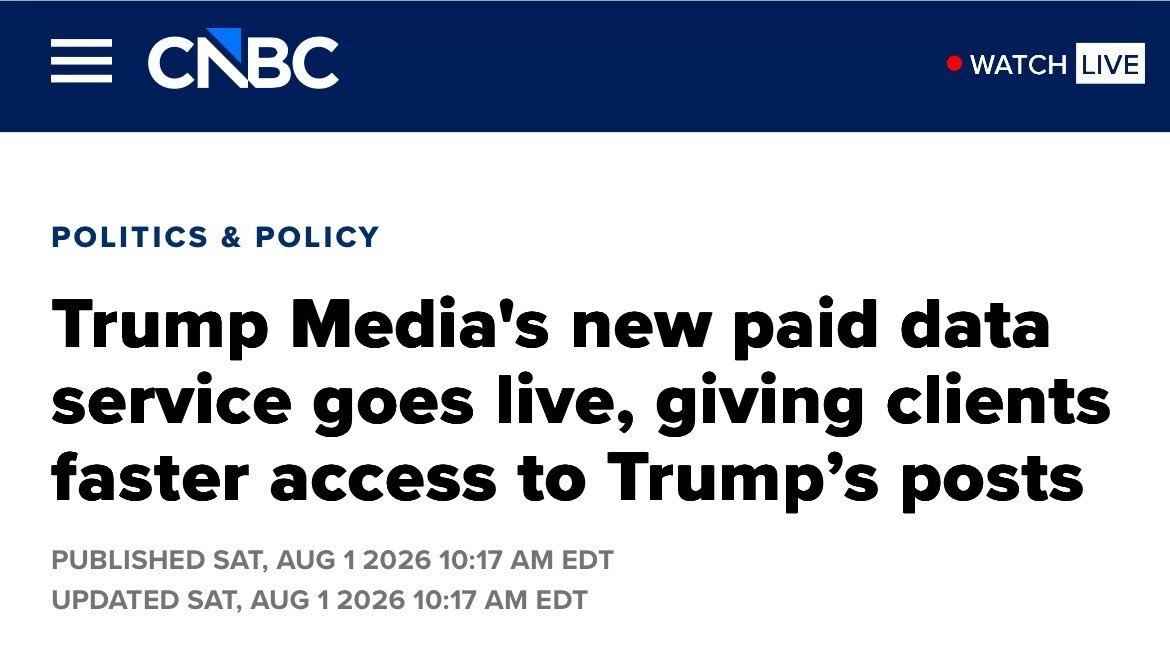 Dcr_congrong's tweet photo. Trump Media's $100,000-a-month "Truth API" gives high-paying clients early access to market-moving Truth Social posts, sparking criticism as a corrupt product that turns presidential statements into profit and shatters fairness. https://t.co/FSShGtlaeU