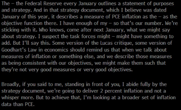 MacroPillars's tweet photo. The new Fed Chair was royally rebuked for his evasiveness in answering questions, although he did make it clear to play the ball, not the man.

The Chairman was asked after his prepared remarks: Is your inflation target 2%? He was steadfast and, on at least three occasions, stated that it is 2%, including in his first remarks on 17/6: The markets sold off hard on both occasions, short-lived on 29/7, but extremely hard on 17/6, leading to 40% in Korea.

On further examination of his reply to whether he is committed to 2%, and we believe this has not been discussed enough by the market or commentators, the Chairman repeatedly dodged the question. If he is committed to no forward guidance, the market is trying to understand his reaction function. The Fed has missed its inflation target for 60 months, so why not hike? Is your target 2%, Mr Chairman?

The Chairman’s reply is the image below, verbatim.

Warsh's statement on 2% seems firm enough until you look at the last paragraph...

He was firm on the 2%; however, he referred to his task force and a statement of purpose from the Fed each January that will be tabled with the task force’s input this coming January. This has now got our attention:

“BUT TO ACHIEVE THAT, I’M LOOKING AT A BROADER SET OF INFLATION NUMBERS THAN PCE.”

The market sold off hard, and the next night PCE was announced, with the Dallas Fed reporting that PCE ex Food and Energy, the preferred measure for the previous Fed under Powell, was slightly lower at 3.3%; however, the trimmed mean, taking out volatile items, dropped to 2.2%, essentially at target. The market has ripped since, benefiting from lower oil prices and mixed jobs reports.

So what is the broader set, Mr Chairman? Is it a combination of PPI, Core CPI, released next week, Core PCE (previous preferred measure) or trimmed mean? The market loves the juice, and we think this is one element in the current rally most have missed, due to the trimmed mean being close to the 2% target.