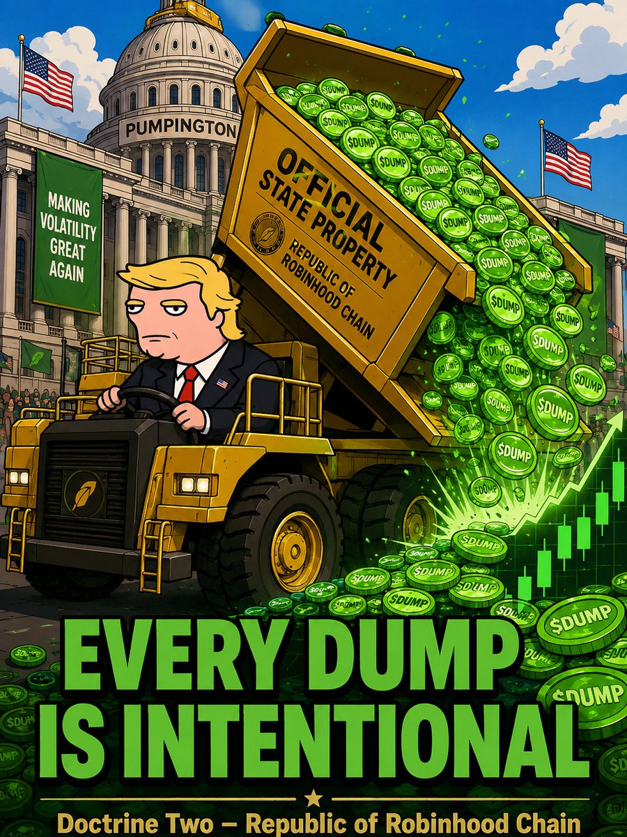 bernkasbon's tweet photo. Behold the Official State Dump Truck of Pumpington 

When $DUMP dumps it’s not a crash, it’s government policy creating opportunity for real citizens.

Hodl = Citizenship  
Sell = Resign  
Volatility = Law

@TronaldDumpRH 

Making Volatility Great Again. The only dump that actually pumps.

CA: 0x831C205205C9069D4f1be94927653eE18b219019