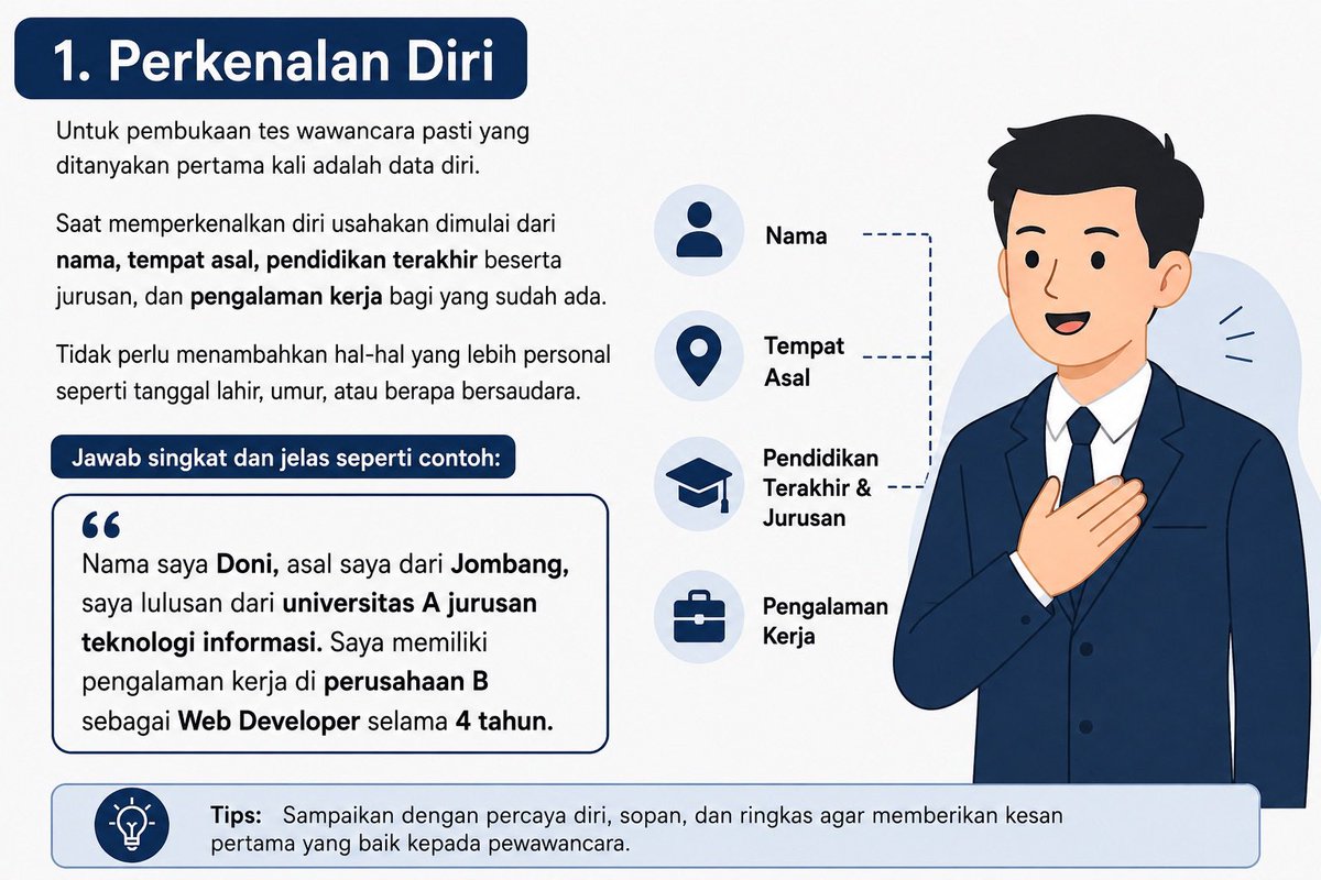 xdent_s's tweet photo. berikut catatan versi danen untuk persiapan interview bumn. bisa diterapkan di pertamina, pln, kai, maupun swasta.

ini lebih valid dibandingkan catatan yang aku kutip, soalnya danen udah lolos bumn. silakan dipelajari. https://t.co/v4LHmXuAIj