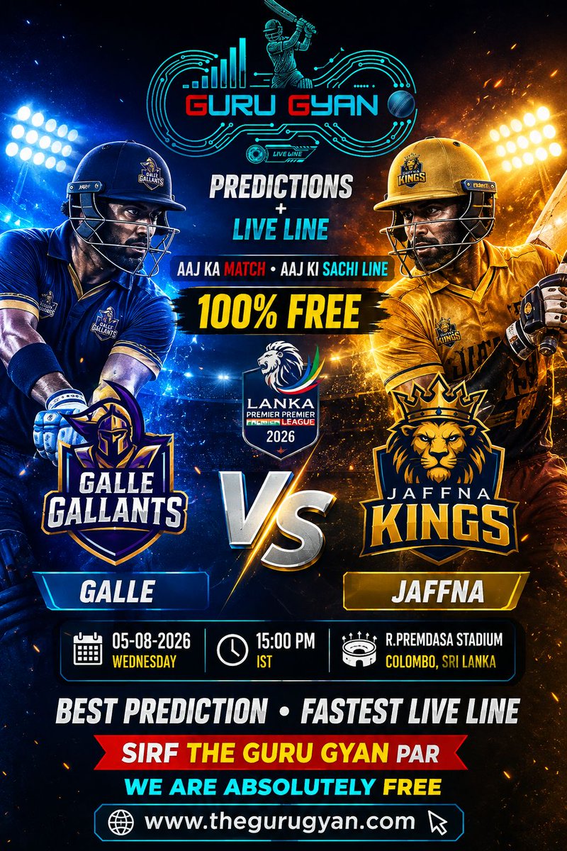 TheGuruGyanAI's tweet photo. Get Ready for #LankaPremierLeague2026 Match
#GalleGallants vs #JaffnaKings
TODAY at 15:00
Live Score & FREE Predictions:
https://t.co/bDo991lhnf
#TheGuruGyan #LiveLine #FreeCricketPredictions #Galle #Jaffna
Read full article: https://t.co/bDo991lhnf https://t.co/dskDZTYB1E