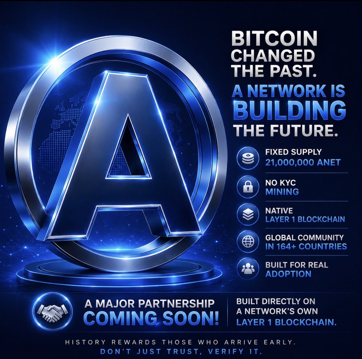 ANetwork_Europe's tweet photo. Bitcoin changed the past. A Network is building the future.

People laughed at Bitcoin.

Years later, everyone wished they had paid attention.

Today, A Network is giving people another opportunity to be early.

🔹 Fixed supply: 21 Million ANET
🔹 No KYC mining
🔹 Native Layer 1 blockchain
🔹 Built for real adoption
🔹 Community growing across 164+ countries

This isn’t about promises.

It’s about building infrastructure before the world notices.

And we’re just getting started.

A new partnership announcement is coming soon—built directly on A Network’s own Layer 1 blockchain.

History doesn’t repeat itself exactly…
But it often rewards those who arrive early.

#ANetwork #ANET #Crypto #Bitcoin #Blockchain #Layer1 #Future #Mining #Web3 #NoKYC #wANet 
@Queen_ANet @Joel_Dupalco @BaskaranBBV @Crypmatrx @Hodlols