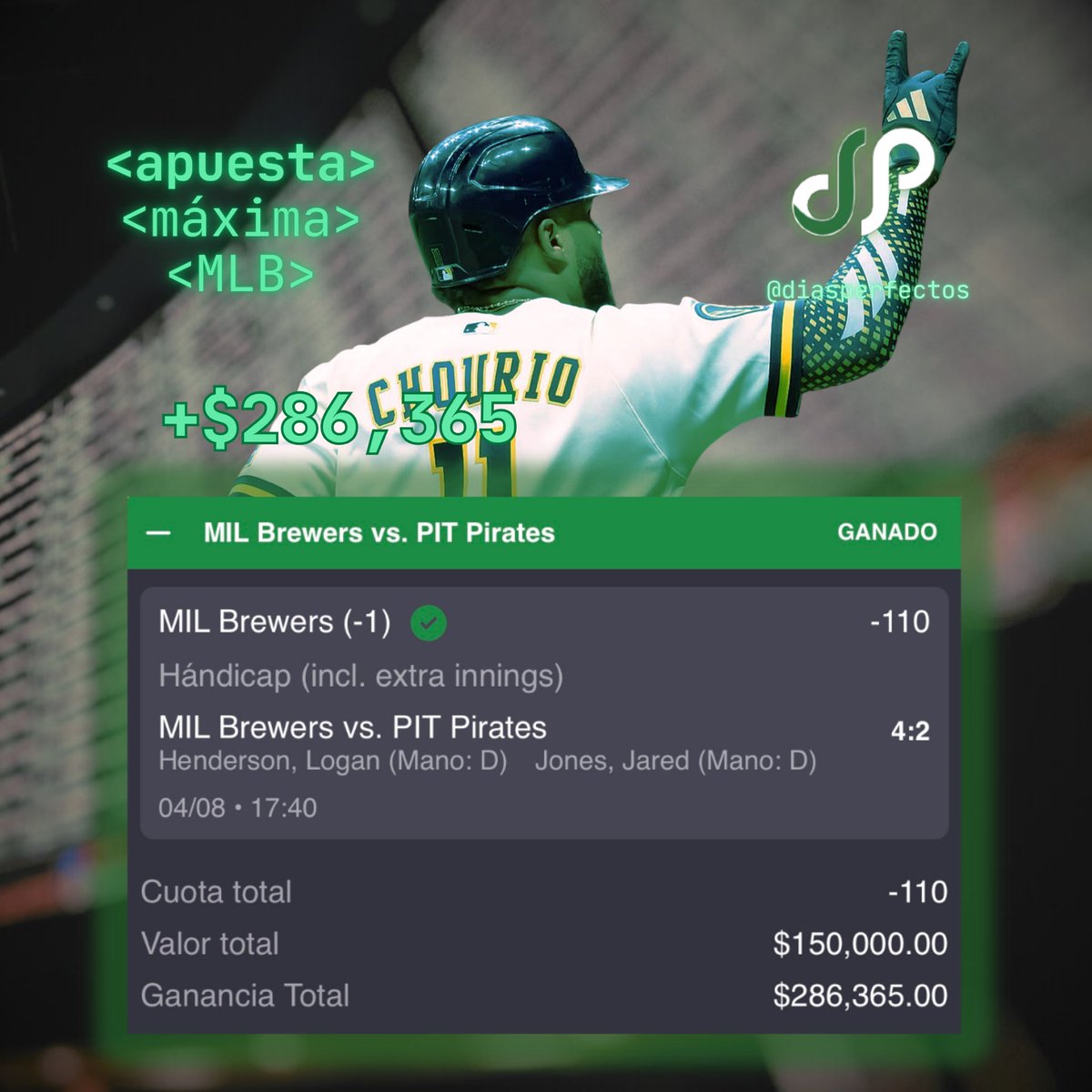 DiasPerfectos's tweet photo. GANAMOS LA APUESTA DE $150,000 DE LA MANO DE LOS BREWERS ✅🔒✅🔒

NOS VAMOS A 31-14 EN ESTAS JUGADAS DESDE JUNIO Y 3-1 EN EL MES DE AGOSTO 🎯

A SEGUIR EN FUEGOOOO 🔥🔥🔥 https://t.co/Sx6fovCzix