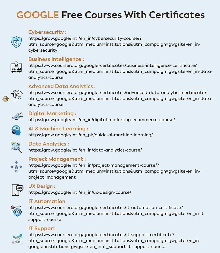 aiwithjonny's tweet photo. GOOGLE Free Courses With Certificates

• Cybersecurity
https://t.co/BnW1z0ULzg…

• Business Intelligence
https://t.co/nLNUyCvZY1…

• Advanced Data Analytics
https://t.co/nLNUyCvZY1…

• Digital Marketing
https://t.co/ScQmf6mDEI…

• AI & Machine Learning
https://t.co/64ou8n2bis…

• Data Analytics
https://t.co/44SHsRArXx…

• Project Management
https://t.co/TrR95pDuKQ…

• UX Design
https://t.co/BaW7gMiVZJ…

• IT Automation
https://t.co/nLNUyCvZY1…

• IT Support
https://t.co/nLNUyCvZY1…

Get certified and boost your career with Google courses.

If you’d love to see more content like this, don’t forget to follow @aiwithjonny for more content... 🛑🛑🛑🛑