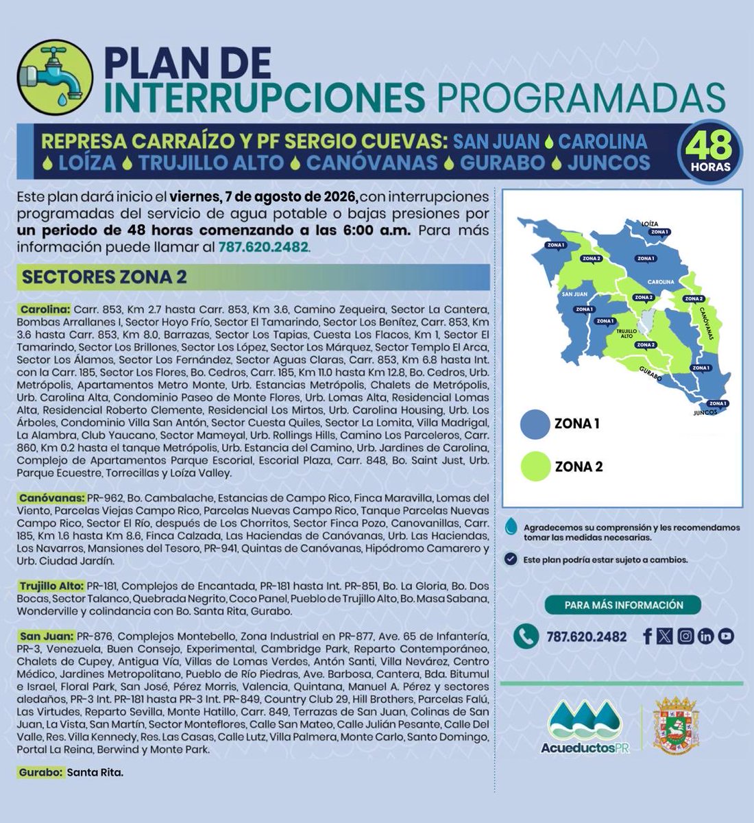 AcueductosPR's tweet photo. 💧Comenzamos un Plan de Interrupciones Programadas en la Planta de Filtros Sergio Cuevas.

Como parte de las medidas para enfrentar la disminución en la disponibilidad de agua en el embalse Carraízo, estaremos implementando interrupciones programadas de 48 horas, alternando las zonas que reciben el servicio. Este plan nos permite distribuir el agua disponible de forma más equitativa mientras protegemos la estabilidad del sistema.

📅 A partir del viernes, 7 de agosto, las zonas identificadas en este aviso estarán sujetas al ciclo correspondiente.

Les recomendamos:
🚰 Almacenar agua para las necesidades esenciales.
💦 Hacer un uso responsable del recurso durante el tiempo en que cuenten con servicio.
📲 Mantenerse atentos a nuestras redes sociales para conocer las actualizaciones de cada ciclo.

Agradecemos su comprensión y colaboración mientras continuamos trabajando para garantizar el servicio de agua potable. #ElAguaSeAgota #ConsérvalaHoy