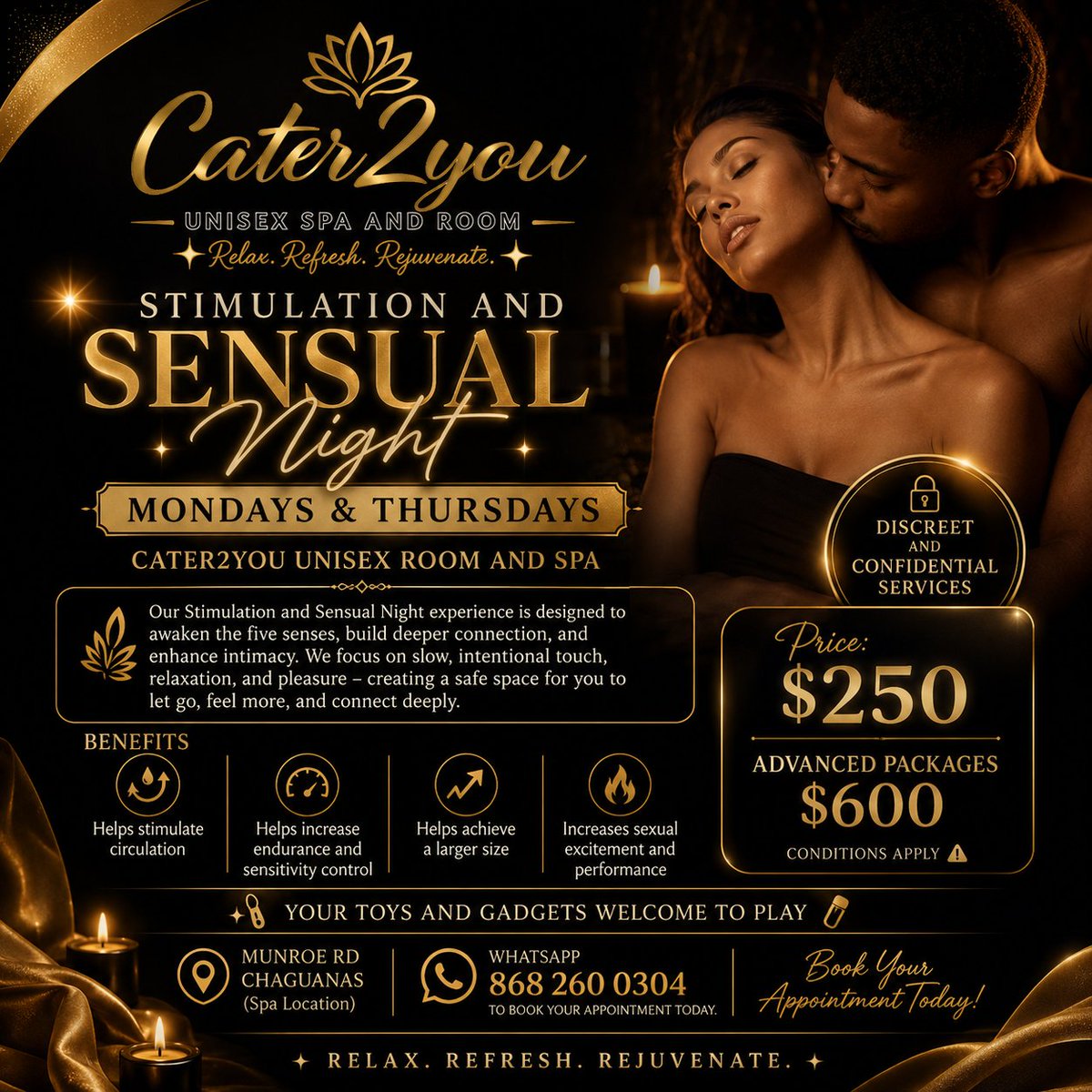 Cater2uExotic's tweet photo. BOOK YOUR APPOINTMENT TODAY 
 
Monday &amp; Thursdays  SENSUAL SPECIALS 

Social Media  Handles: 
| WHATSAPP :  868 264 0304|  TikTok/ Instagram: @theunisexroom | X : @CATER2UEXOTIC 

 #spa  #unisexcare #cater2u https://t.co/Sd1wovDMMs
