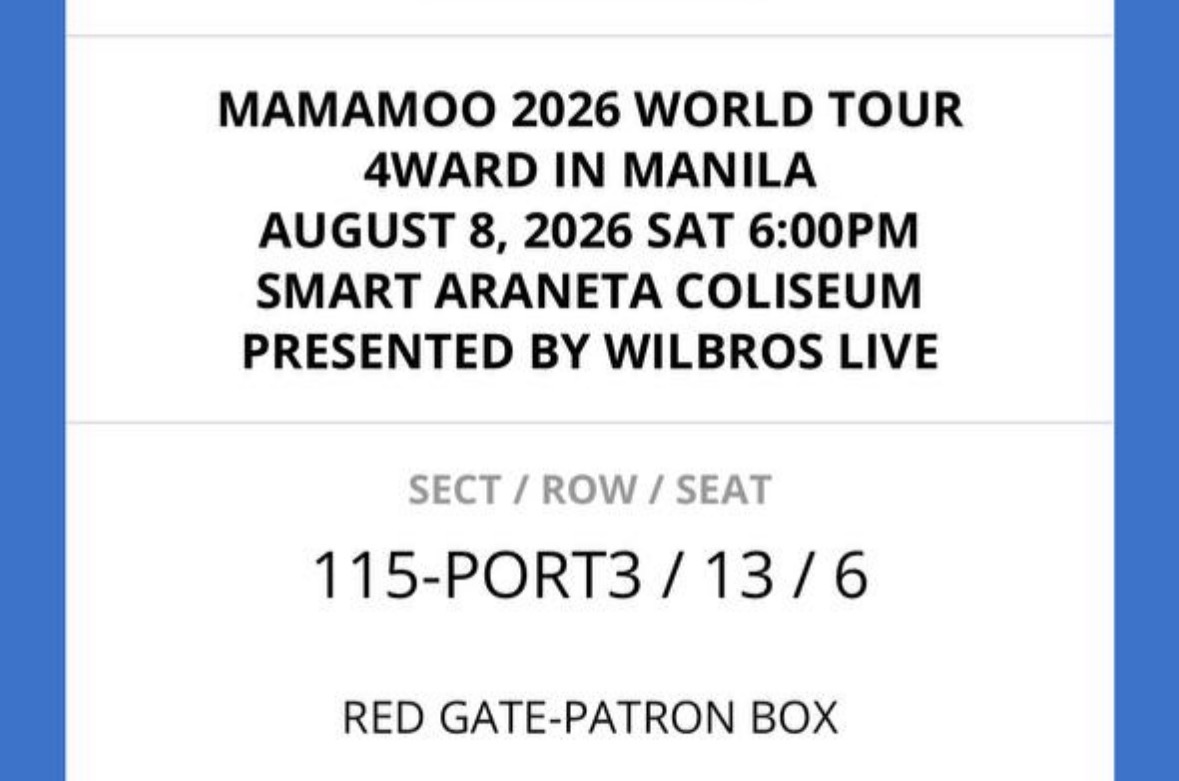 secondlifed's tweet photo. WTS / LFB MAMAMOO 4WARD IN MANILA PH TICKETS
—Patron Box 115 Row 13
—2 tickets
—14,500 php per ticket

RFS: friend can’t go due to medical reasons

pls @ if you DM in case i miss it! https://t.co/kSFiKO0pns