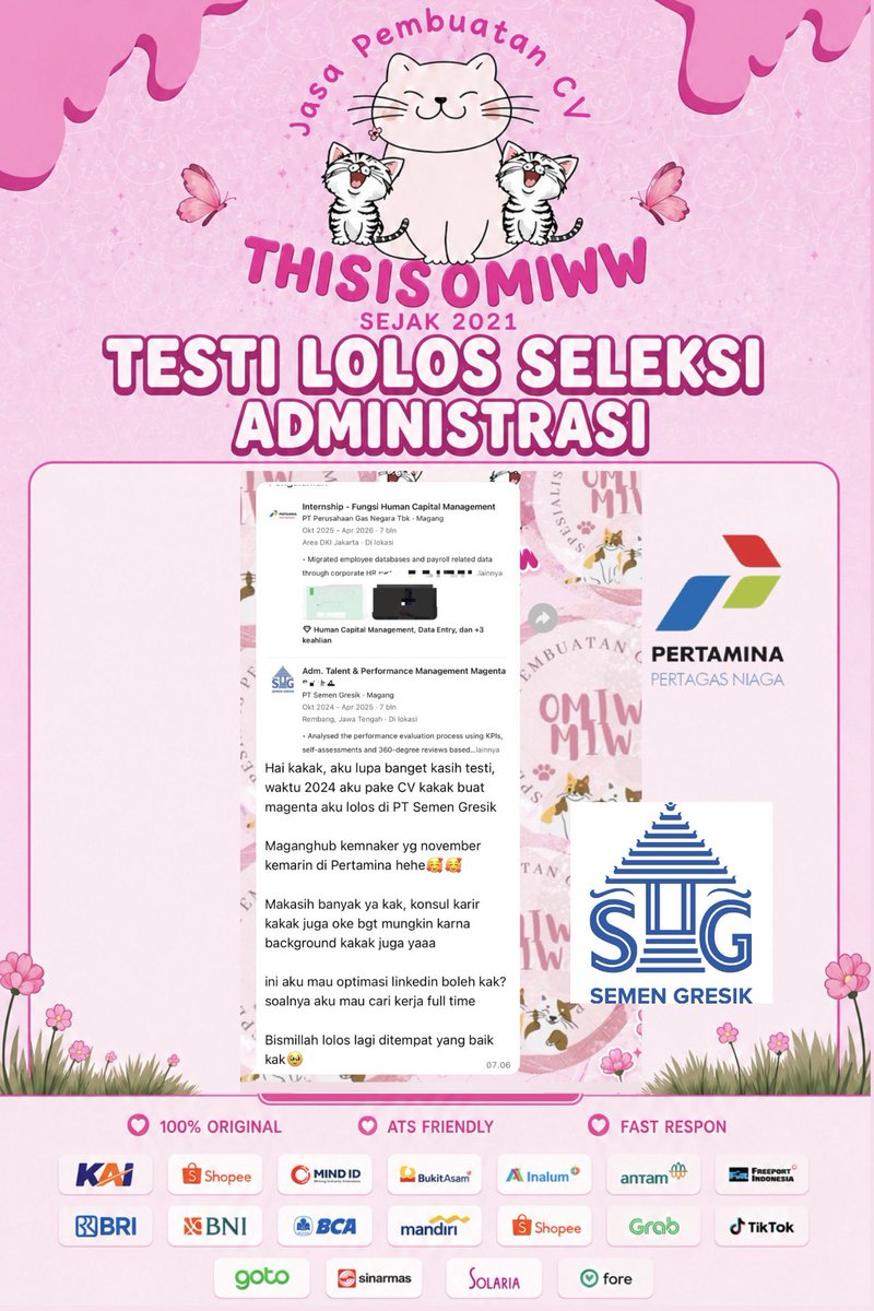 Omimiwmiw2's tweet photo. JASA JOKI BIKIN BUAT CV ATS
‼��� https://t.co/juaUOcIbwM
FREE KONSUL KARIR sama HR 

tiap hari dapet testi LOLOS maganghub BUMN, Tvone, RTV,  BRI, Bca, Paragon
https://t.co/juaUOcIbwM

udah pasti sesuai sudut pandang recruiter karna dikerjakan langsung HR aktif + bersertifikasi https://t.co/2hOhoWFkP5