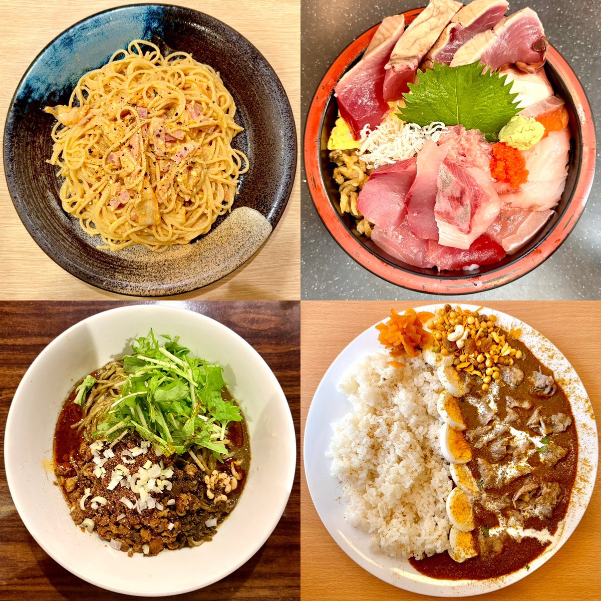 ryoxx3's tweet photo. 近所飯
・スパゲティ心（堀留町）
　ベーコンとタマゴとキムチのカルボナーラ
・すし舟（小伝馬町）
　もりもり海鮮丼
・ピリリ（水天宮前）
　黒胡麻汁なし担々麺
・VIGARO（人形町）
　欧風ビーフカリー https://t.co/7RVRFIzy91