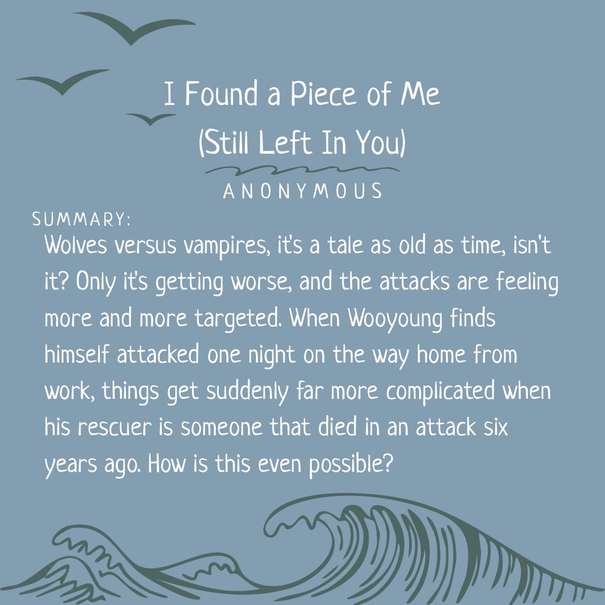 WxxgiFest's tweet photo. 🐚 I Found a Piece of Me (Still Left In You)

🐚 rated mature
🐚 modern with magic au, supernatural creatures, pining, non-graphic violence

🔗 https://t.co/MCEz9fDeOu https://t.co/Nsa12Jywe5
