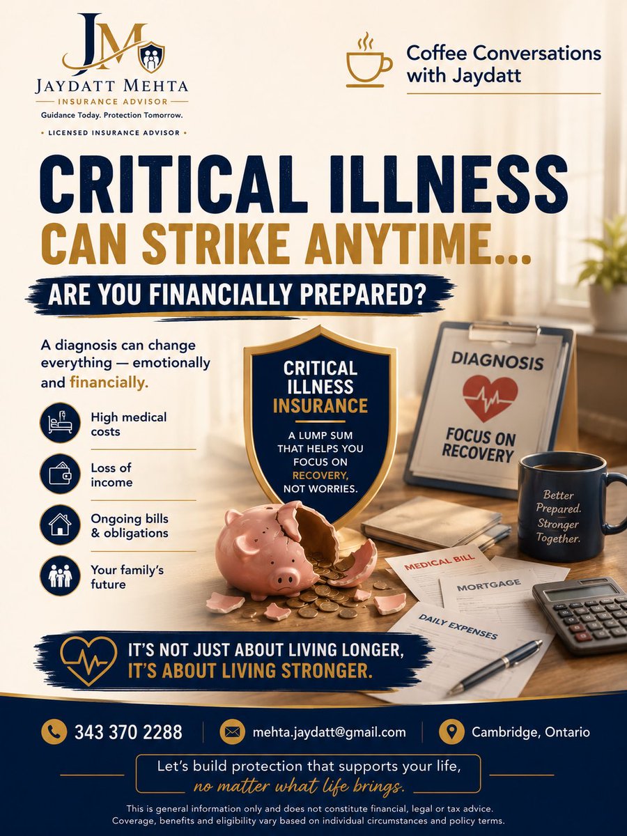 jaydattmehta1's tweet photo. “If I become seriously ill…
who pays the mortgage while I recover?”

That’s a different question than…

“Who pays the hospital?”

Recovery should be about healing—not financial stress.

☕ #CriticalIllnessInsurance #CanadianFamilies #FamilyProtection #Finance #savings #canada https://t.co/cm1sCjabJr