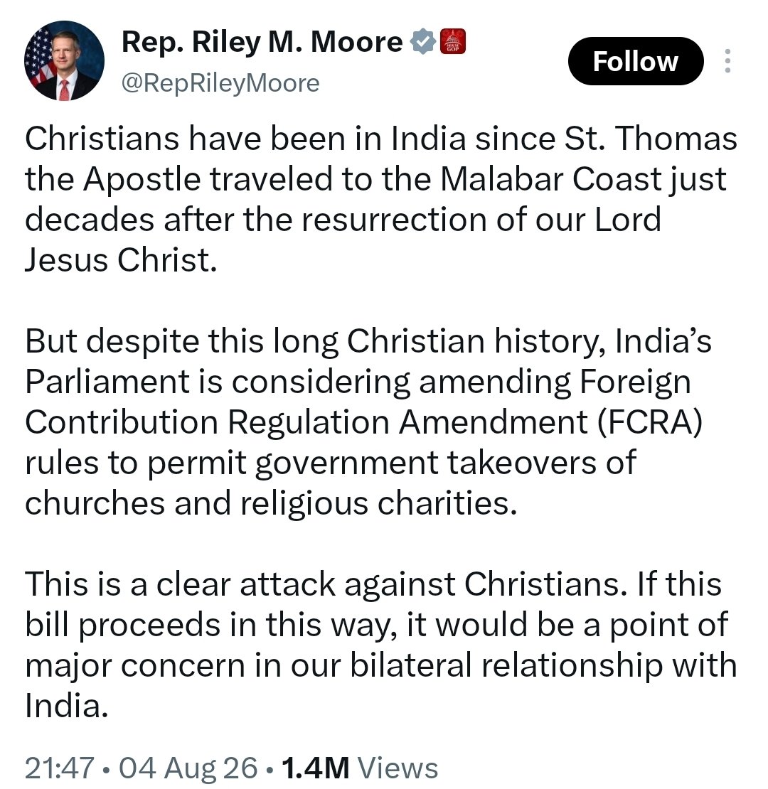 RShivshankar's tweet photo. LOOK WHO IS "PREACHING".
A U.S. Congressman who never fails to emphasise  America's Christian Nationhood has a problem with an Indian proposed amendment bill that will secure India's Hindu civilizational roots! https://t.co/PlMqubwsbN