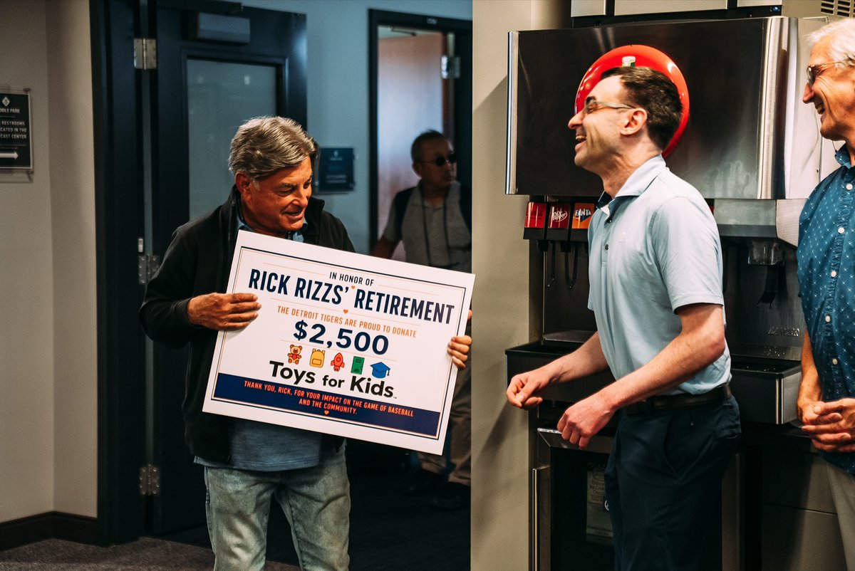 TigersCommunity's tweet photo. Join us in congratulating Rick Rizzs on a legendary career! Rizzs spent over 50 years broadcasting professional baseball, including spending 3 of his 41 MLB seasons in Detroit.
 
The Tigers and Tigers Foundation surprised him with a $2,500 donation to his charity, Toys for Kids. https://t.co/rJtS0Tc2uu