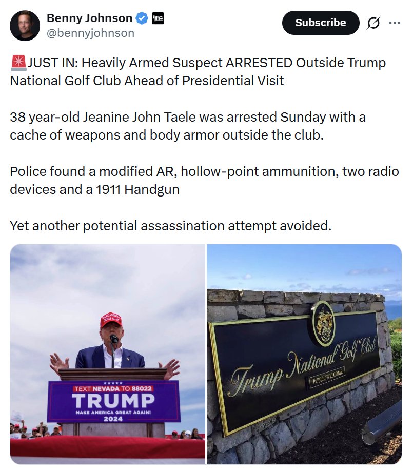 herotimeszero's tweet photo. Apparently, there was an armed man, Jeanine John Taele, outside the Golf Club Trump was set to visit.

Every time Trump sinks in the polls, this happens. And like other times, there will be no investigation. It will all disappear, leaving only MAGA with maxi pads in their ears. https://t.co/HBPGavwrCN