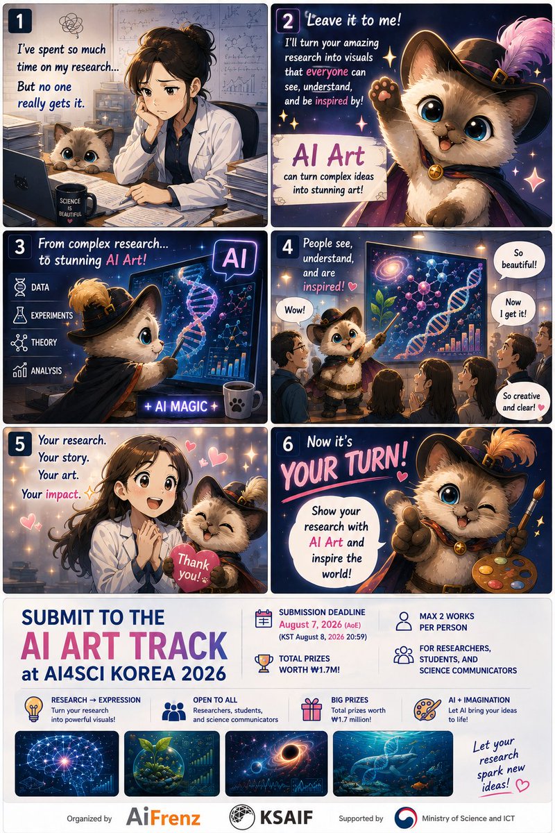 aifrenzx's tweet photo. 🔬 Turn your research into AI Art! 
Join the AI Art Track at AI4SCI KOREA 2026. 

Free entry, up to 2 submissions, ₩1.7M in prizes. Deadline: Aug 7 (AoE). 
Submit now: https://t.co/kYcTdTk3s9 

#AI4SciKorea2026 #AIArt https://t.co/USy8v6XPn0